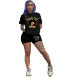 Ripped Character Print Black Two Piece Shorts Set