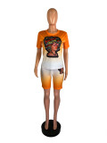 Plus Character Print Gradient Orange Two Piece Shorts Set