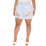 Plus Size Sky Blue Denim High Waisted Ripped Shorts