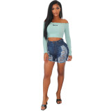 Plus Size Dark Blue Denim High Waisted Ripped Shorts