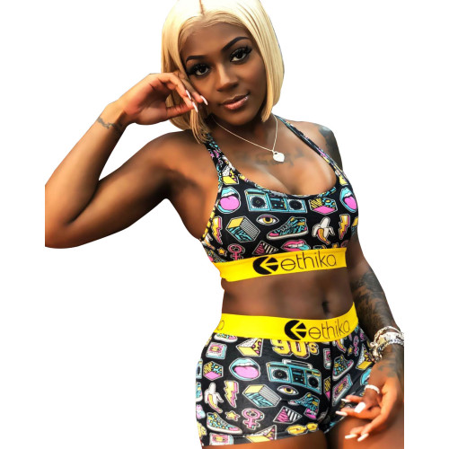 Printed Contrast Yellow Sports Two Piece Outfits