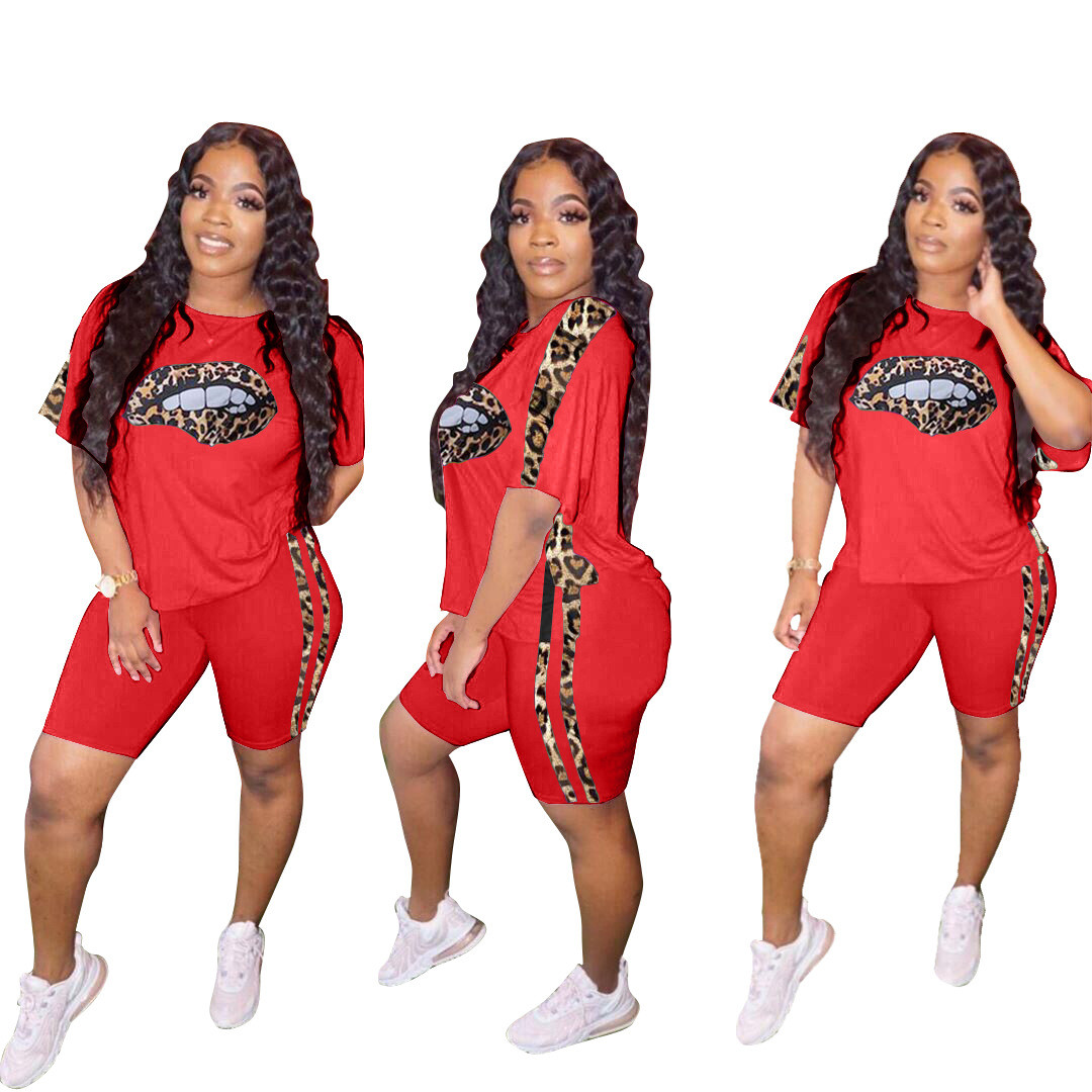 Plus Size Lip Print Red Two Piece Shorts Set On Sale For Us 7 59