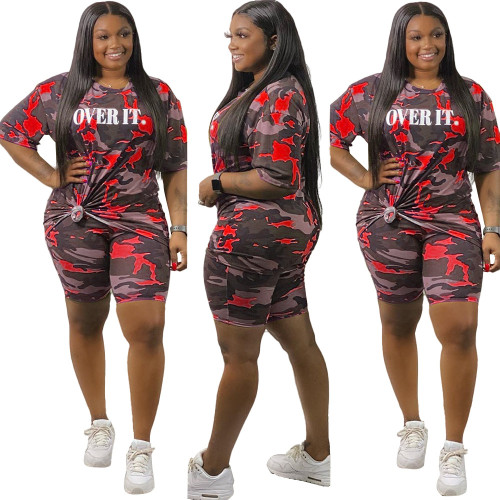 Plus Size Camo Red Two Piece Shorts Set