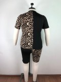 Plus Size Leopard Black Colorblock Two Piece Shorts Set