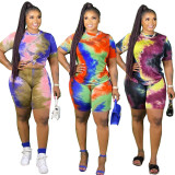 Plus Size Tie Dye Red Two Piece Shorts Set