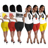 Poker Letter Print Yellow Two Piece Shorts Set