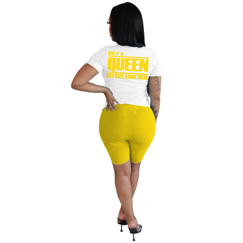 Poker Letter Print Yellow Two Piece Shorts Set