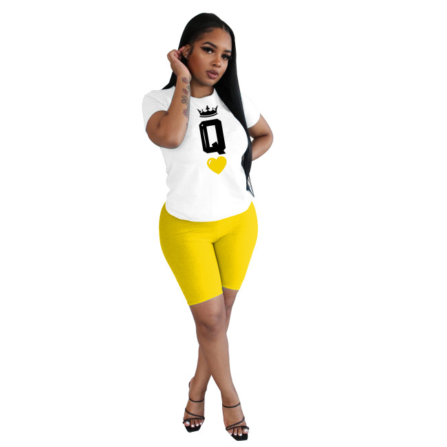 Poker Letter Print Yellow Two Piece Shorts Set