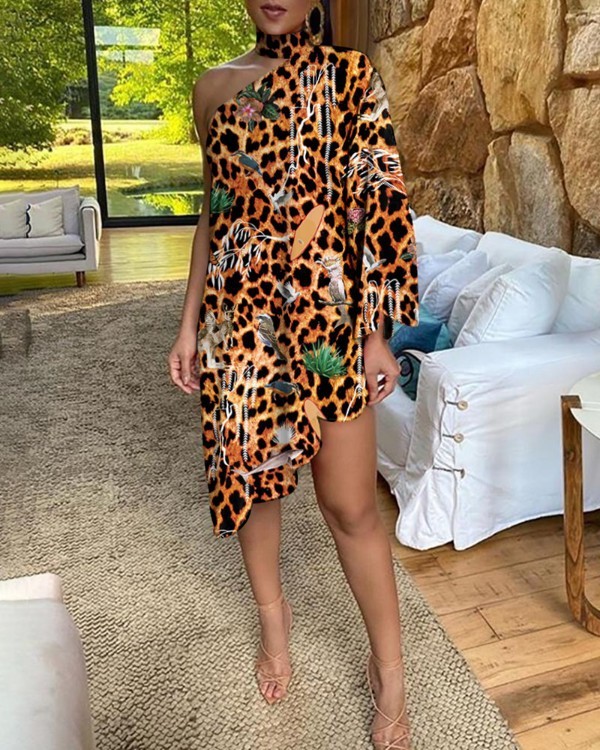 One Shoulder Leopard Print Casual Dress