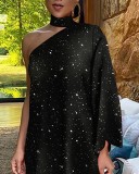 One Shoulder Black Stars Print Casual Dress