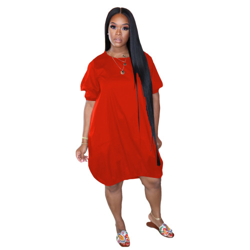 Solid Red Puff Sleeve Waist Hem Casual Dress