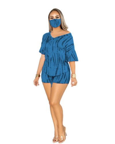 Cotton Like Tie Dye Blue Cozy Two Piece Shorts Set（without Mask）