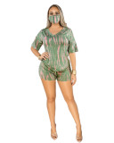 Cotton Like Tie Dye Green Cozy Two Piece Shorts Set（without Mask）