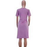 V Neck Pink High Waist Loose Dress with Pockets