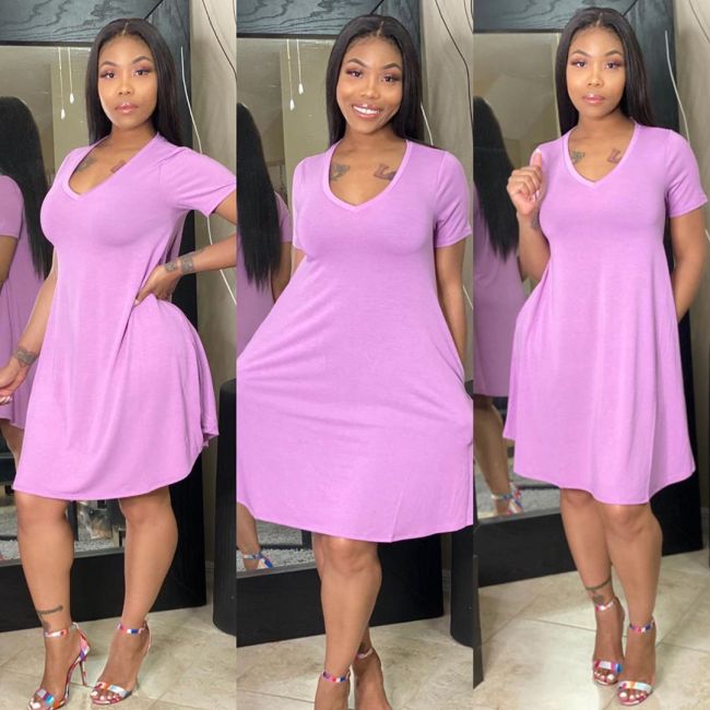 V Neck Pink High Waist Loose Dress with Pockets