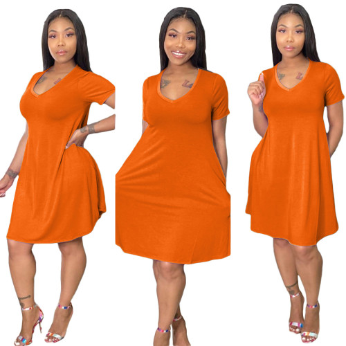 V Neck Orange High Waist Loose Dress with Pockets