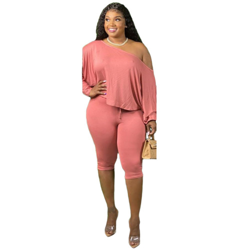 Plus Size Solid Pink Two Piece Shorts Set