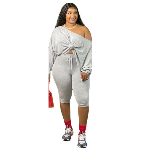 Plus Size Solid Gray Two Piece Shorts Set