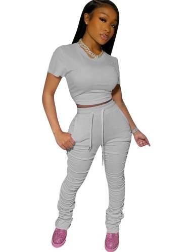 Gray Two Piece Matching Staked Pants Set