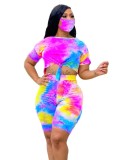 Tie Dye Pink & Yellow Two Piece Shorts Set with Mask
