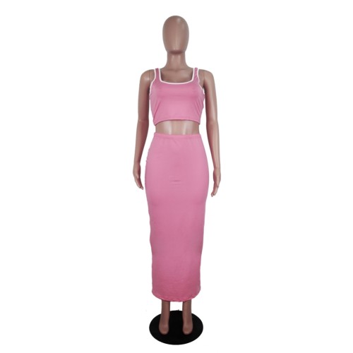 Two Piece Pink Crop Top & Midi Skirt Set