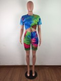 Tie Dye Blue Two Piece Shorts Set with Mask