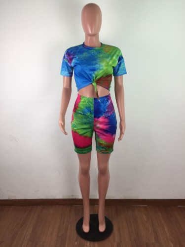 Tie Dye Blue Two Piece Shorts Set with Mask