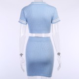 Blue Knit Crop Top and Mini Skirt Set