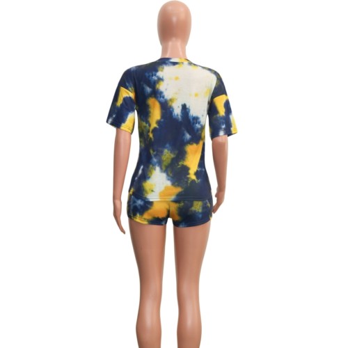 Navy & Yellow Tie Dye Two Piece Shorts Set with Mask