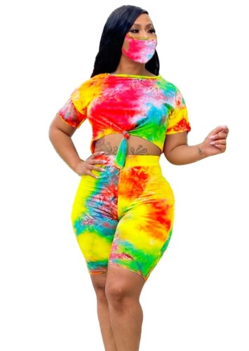 Tie Dye Red & Yellow Two Piece Shorts Set with Mask