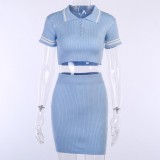 Blue Knit Crop Top and Mini Skirt Set