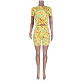 Star Print Yellow Two Piece Shorts Set with Mask