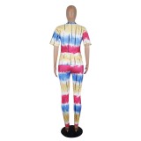 Tie Dye Blue & Yellow Two Piece Pants Set(without Mask)