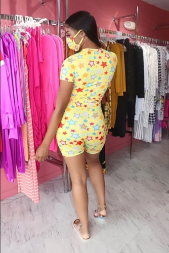Star Print Yellow Two Piece Shorts Set with Mask
