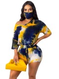 Navy & Yellow Tie Dye Two Piece Shorts Set with Mask