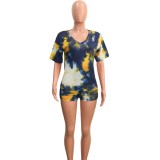 Navy & Yellow Tie Dye Two Piece Shorts Set with Mask