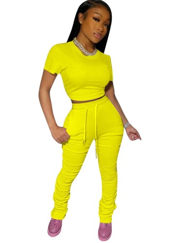 Yellow Two Piece Matching Staked Pants Set