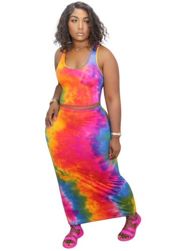 Tie Dye Red & Blue Fitted Long Skirt Set