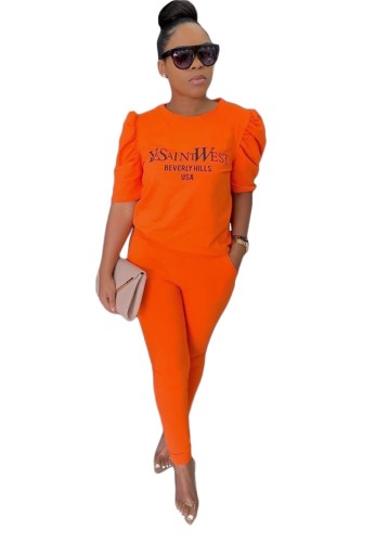 Print Orange Puff Sleeve Two Piece Pants Set