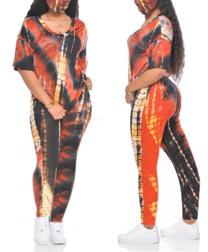 Tie Dye Orange & Black Two Piece Pants Set(without Mask)