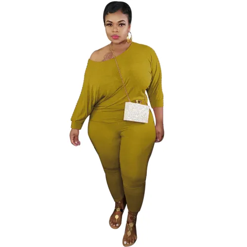 Plus Size Cotton Blends Yellow Two Piece Pants Set