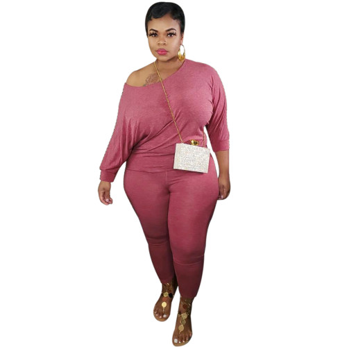 Plus Size Cotton Blends Pink Two Piece Pants Set