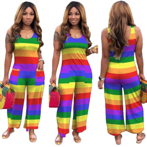 Striped Colorful Sleeveless Wide Leg Jumpsuit