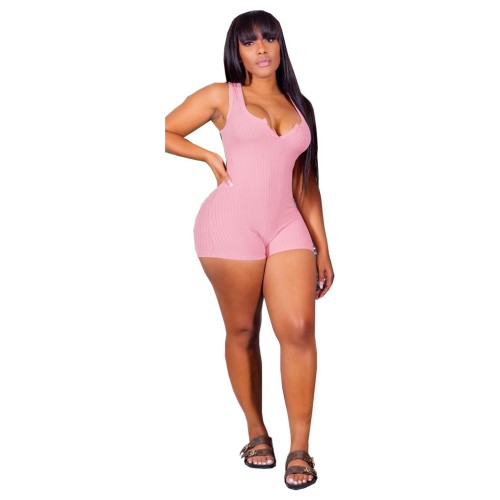 Pink Deep-V Bodycon Jumpsuit