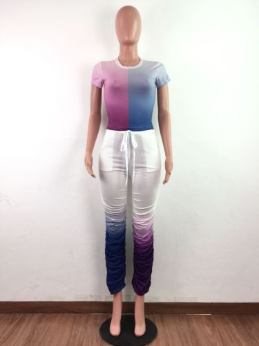 Colorblock Purple & Blue Two Piece Ruched Pants Set
