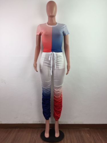 Contrast Red & Blue Two Piece Ruched Pants Set