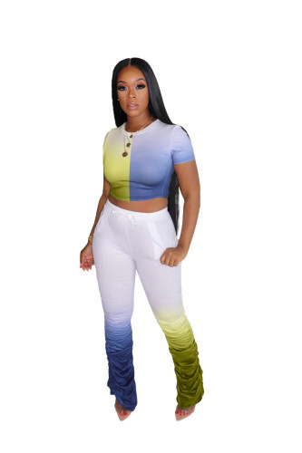Colorblock Yellow & Blue Two Piece Ruched Pants Set