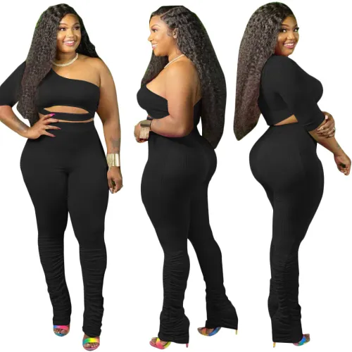 Plus Size Black Cut Out One Shoulder Pants Set