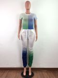 Contrast Green & Blue Two Piece Ruched Pants Set