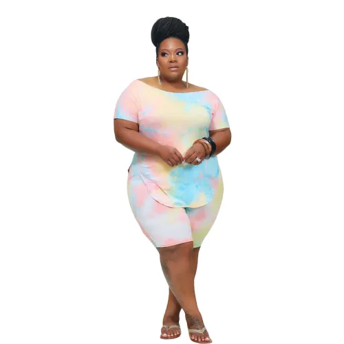Tie Dye Blue & Pink Plus Size Two Piece Shorts Set